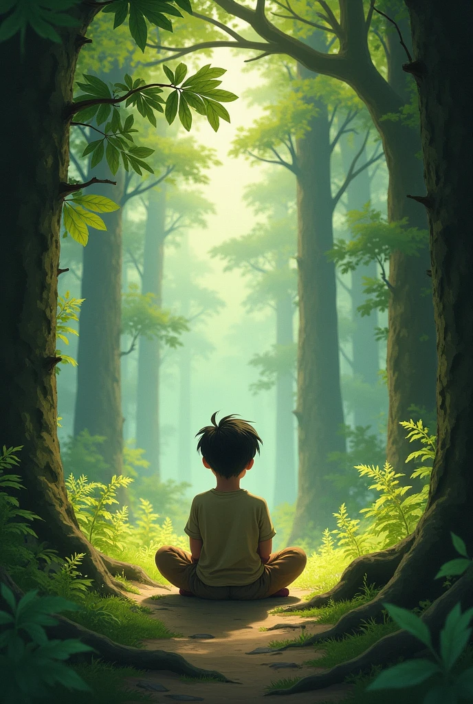 An  alone boy sit alone in a forest