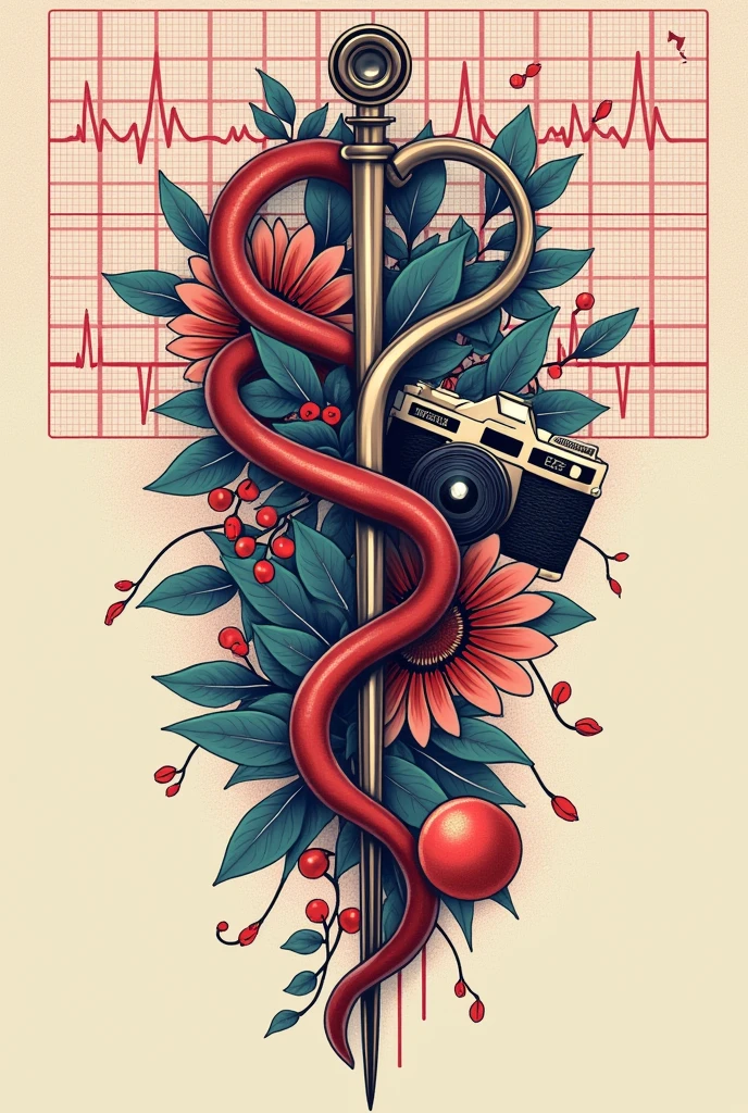 Tattoo idea with stethoscope, musical instrument, tunes, normal ecg wave, camera, fitness all merged into one.