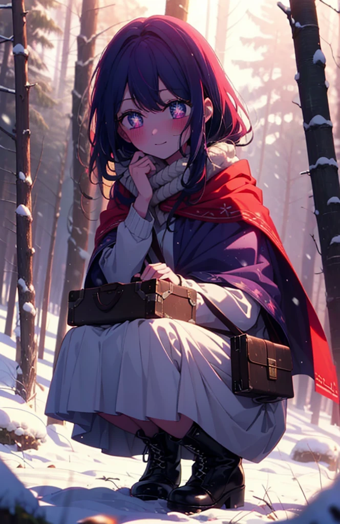 aihoshino, Ai Hoshino, Long Hair, bangs, (Purple eyes:1.1), Purple Hair, (Symbol-shaped pupil:1.5), smile,,smile,blush,white breath,
Open your mouth,snow,Ground bonfire, Outdoor, boots, snowing, From the side, wood, suitcase, Cape, Blurred, , forest, White handbag, nature, Squat, Mouth closed, Cape, winter, Written boundary depth, Black shoes, red Cape break looking at viewer, Upper Body, whole body, break Outdoor, forest, nature, break (masterpiece:1.2), Highest quality, High resolution, unity 8k wallpaper, (shape:0.8), (Beautiful and beautiful eyes:1.6), Highly detailed face, Perfect lighting, Extremely detailed CG, (Perfect hands, Perfect Anatomy),