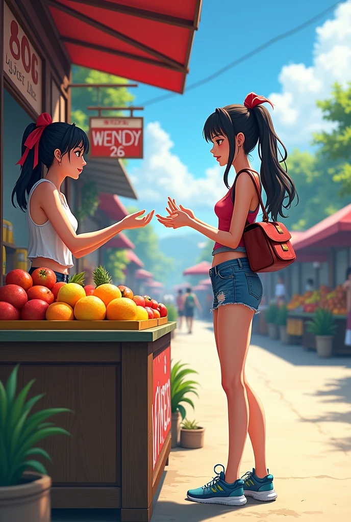A tall white girl with thick lips, black hair with red tied up at a roadside fruit stand with more fruit stands, short bag and torn pants and sports shoes, fruit set on the sign says Wendy and below it says kilometers 26 and she is serving a customer