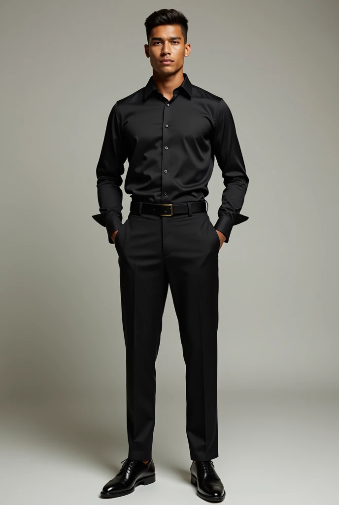 So make me a picture where a man with caramel skin tone wearing formal black shoes,  formal black pants and black shirt tucked into pants