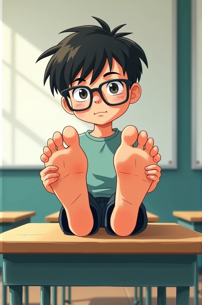 2D anime style, nerd barefoot boy school 7 years old sitting on empty table lifting feet, wrinkled soles,