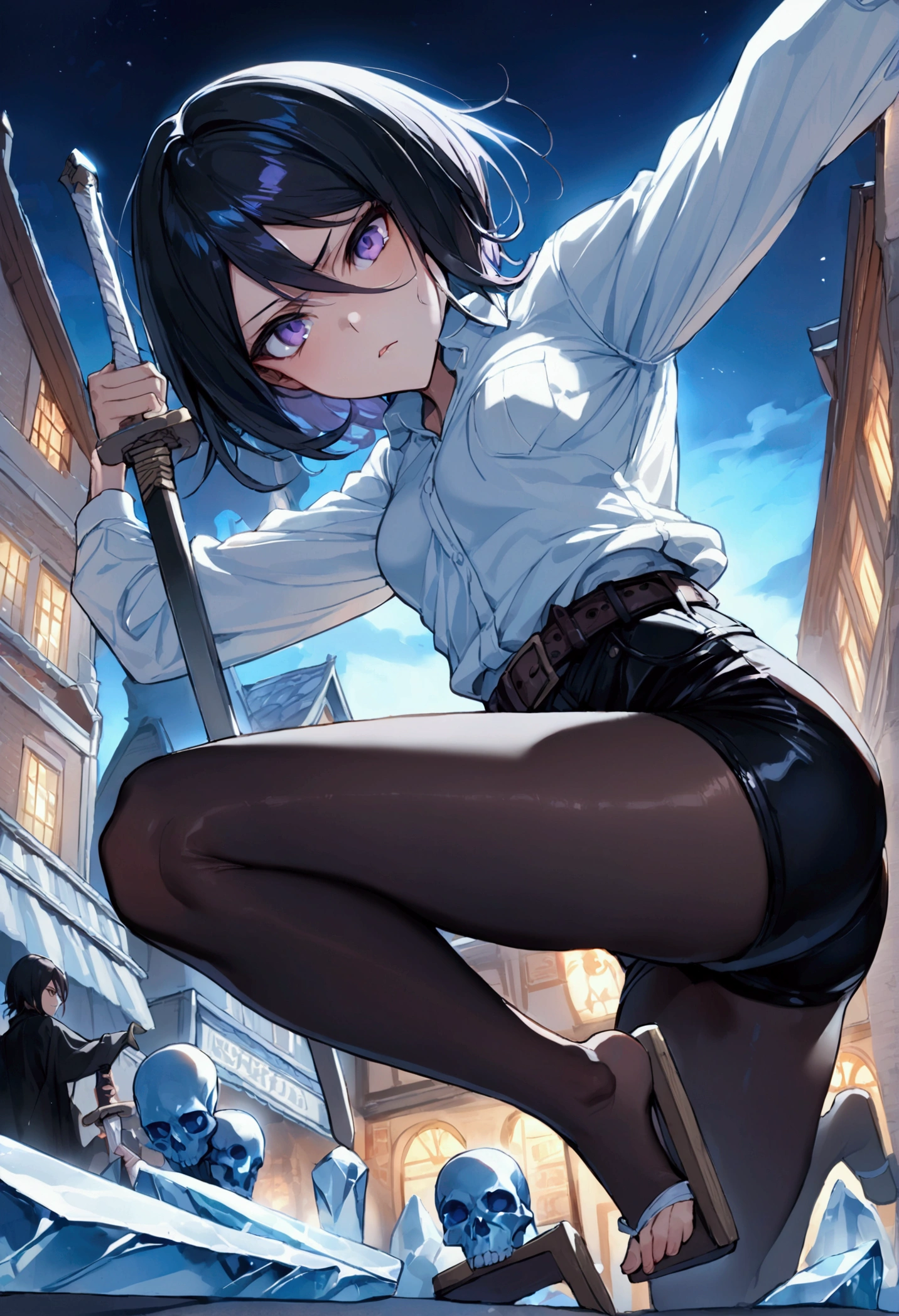 ((Highest quality)),((Very detailed)),((Holding a sword)), ((Town square at night,)), masterpiece, Detailed face,Beautiful Face, Angle from below, (Fighting), ((ice)),(White shirt,Black hot pants,Belt with skull,geta)One girl,((Dynamic pose)) , Rukia, Black Hair, short hair, Hair between the eyes, Purple eyes, Small breasts,cold