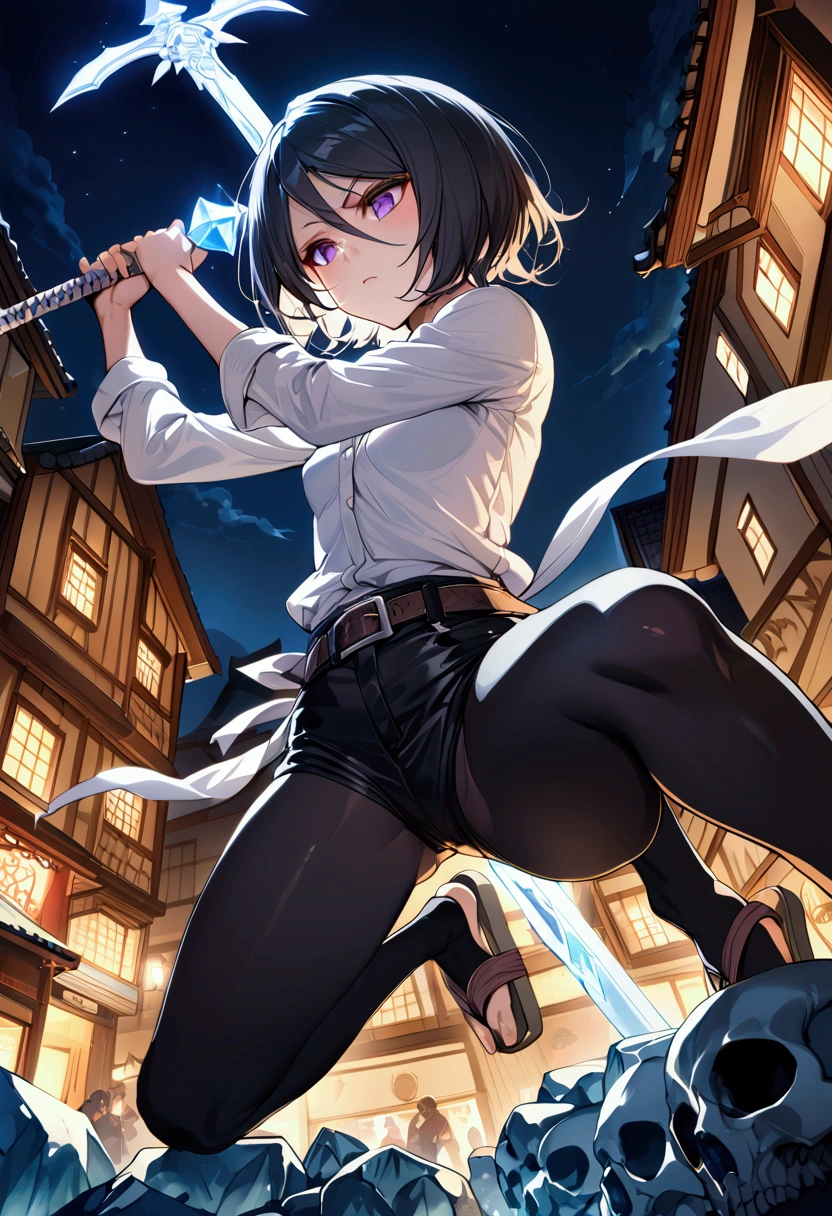 ((Highest quality)),((Very detailed)),((Holding a sword)), ((Town square at night,)), masterpiece, Detailed face,Beautiful Face, Angle from below, (Fighting), ((ice)),(White shirt,Black hot pants,Belt with skull,geta)One girl,((Dynamic pose)) , Rukia, Black Hair, short hair, Hair between the eyes, Purple eyes, Small breasts,cold