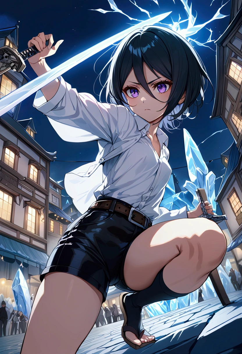 ((Highest quality)),((Very detailed)),((Holding a sword)), ((Town square at night,)), masterpiece, Detailed face,Beautiful Face, Angle from below, (Fighting), ((ice)),(White shirt,Black hot pants,Belt with skull,geta)One girl,((Dynamic pose)) , Rukia, Black Hair, short hair, Hair between the eyes, Purple eyes, Small breasts,cold