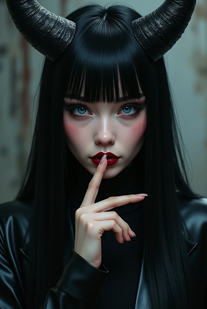 Woman with straight black hair, Natural blue eyes and pale skin, lips were open and painted wine red, her hair with medium black horns, hands making a gesture of silence, cyberpunk 