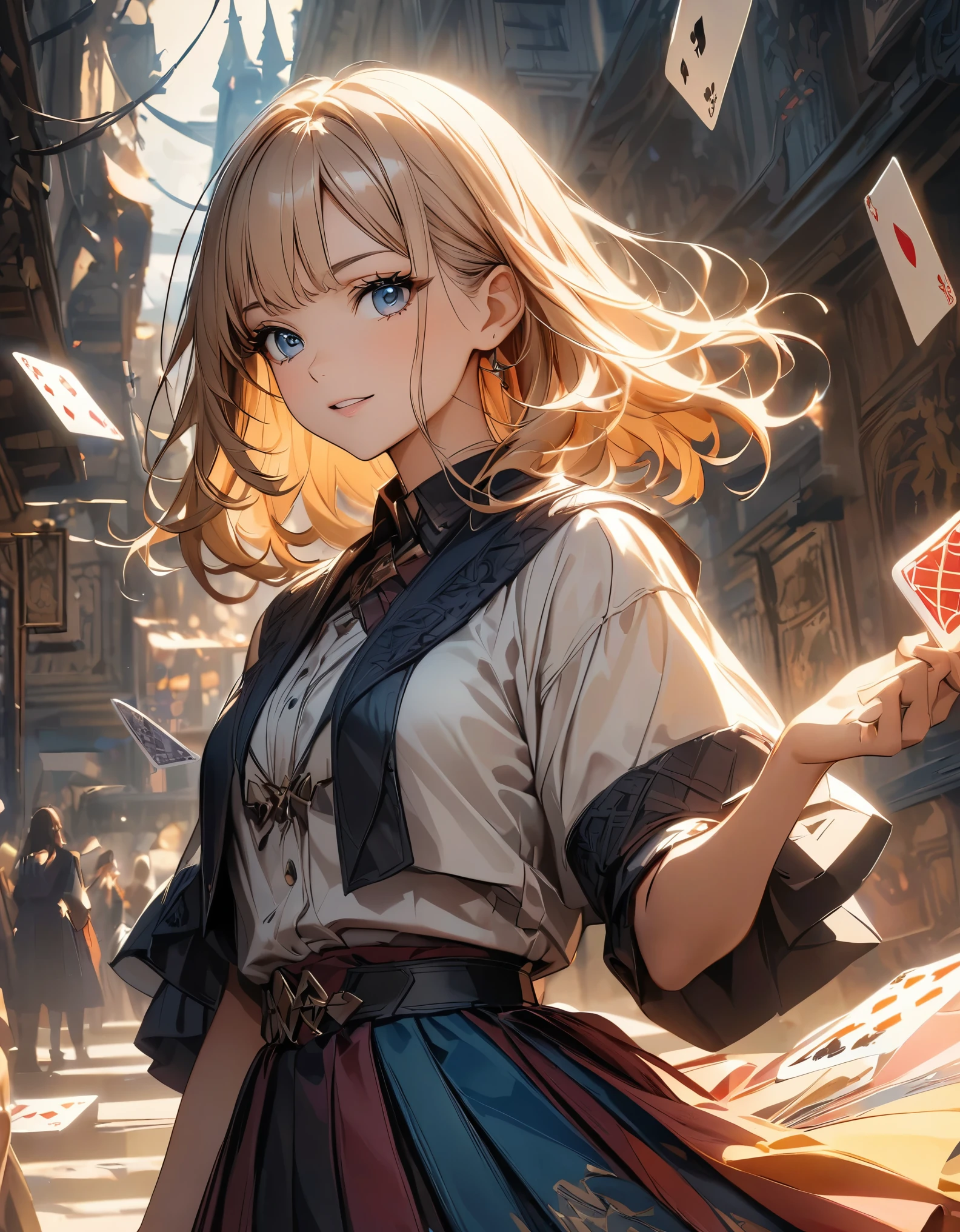 Woman holding a deck of playing cards、美しくdetailedな目、美しくdetailedな唇、非常にdetailedな目と顔、Long eyelashes、Complex card game、Fantasy、Digital Painting、Cinematic lighting、Dramatic Shadows、Bright colors、Warm tones、high quality、8k、detailed