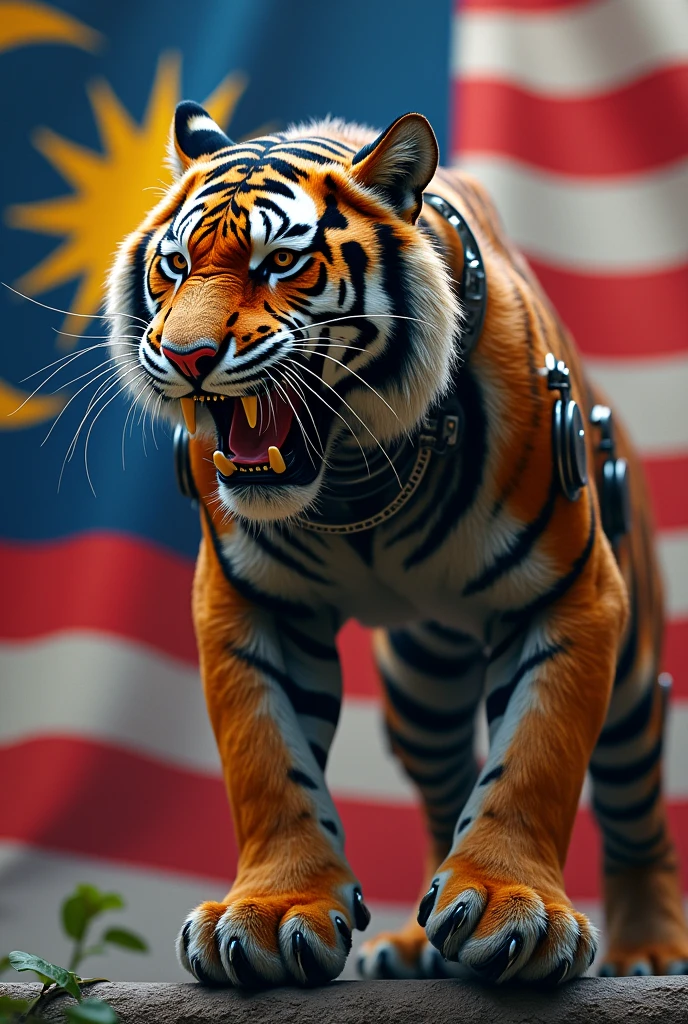 A Malayan tiger roaring and needs to be Mechanization with a Malaysia Flag