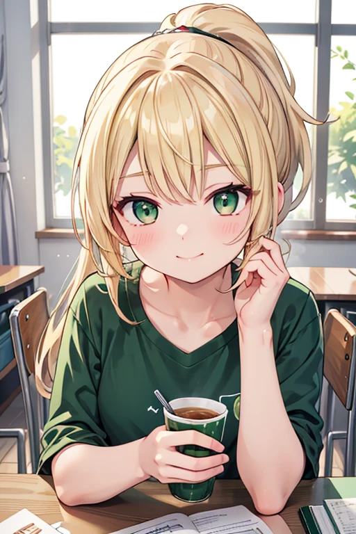 masterpiece,best quality,super detailed,super fine illustration,8k,perfect face,perfect body,woman,English Teacher,little smile,eating lunch,Blonde,ponytail,green T-shirt,cute,green eyes,25yo,Small breasts,(face brasched:1.3),BREAK in class room,detailed background,beautiful background,Break green tea on the desk,