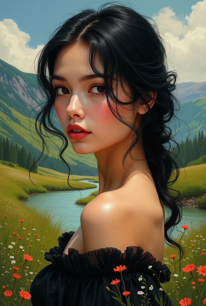 Bingbing Li , beautiful, braided hair, medium breasts, natural hips, completely naked, breasts visible, bush visible, graceful, bathing in a lake, forest and mountains in background ,front view, realistic, light effects, by Boris Vallejo, Frank frazetta, Louis royo