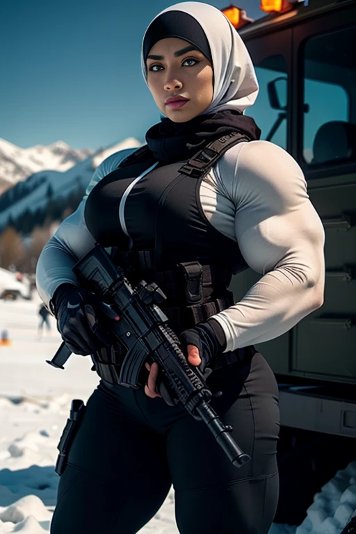 Photorealistic, high resolution, 1 malay woman in hijab, Solo, Hips up, Snow background,view the viewer, (Detailed face), White hijab, SWAT vests, sniper rifle handle, Black military uniform, bulletproof vest, Holding an assault rifle, M16, Inside the city, Very detailed, Perfect face, Black eye, jewelry, (full body view)