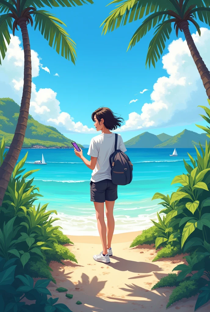 Create an illustration for an Instagram account of a company employee who aims for freedom。Winning a full-time remote job and moving to Okinawa、Aim for financial freedom by building assets right from graduation、Speed up asset formation with a side job in free time created by work style reform