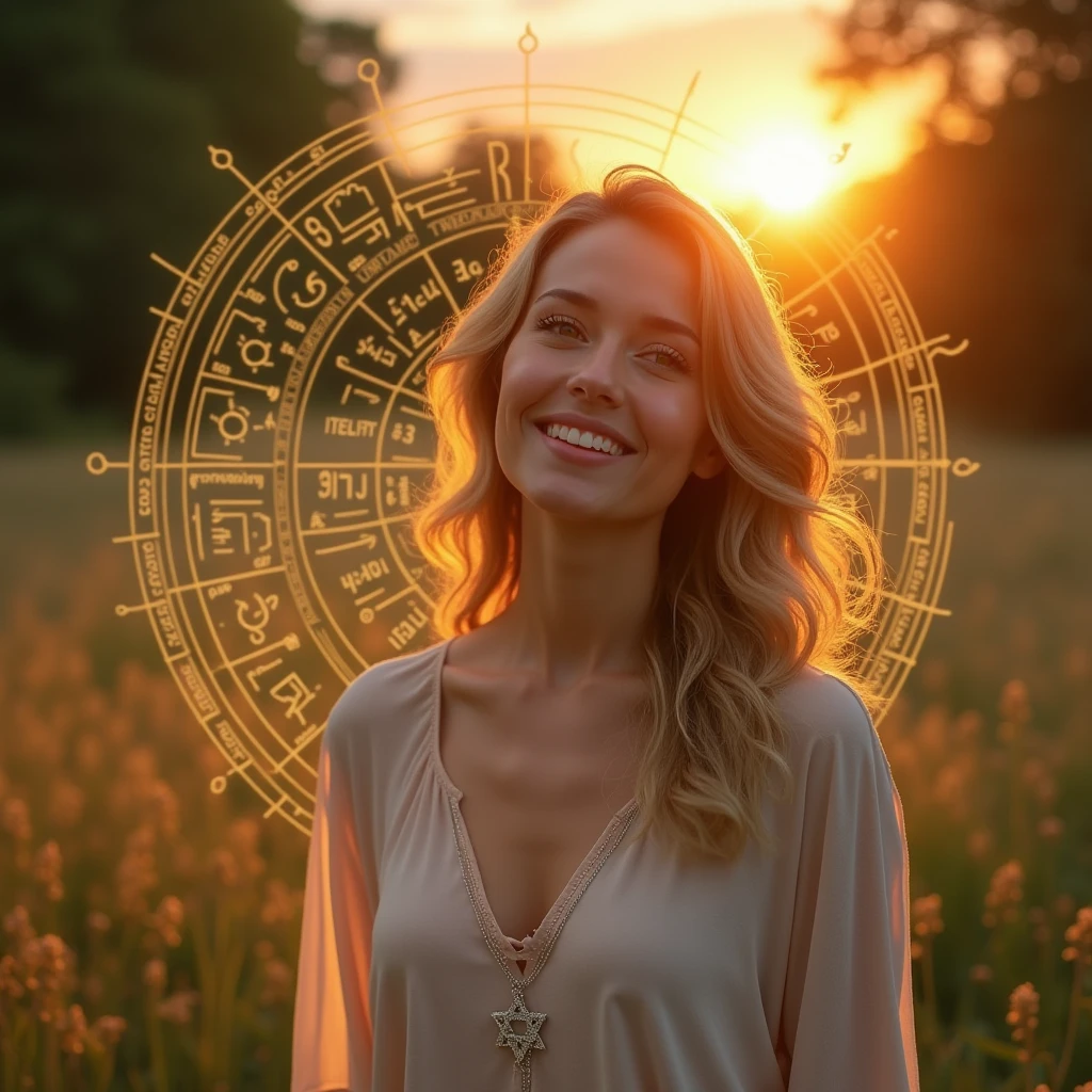 main image: a woman smiling, in a natural environment at sunrise or sunset, transmitting serenity and confidence.
Additional Elements:
Discreet Star of David in the lower corner, symbolizing kabbalistic numerology.
Graphic elements of golden lights radiating around the woman, suggesting enlightenment and new beginnings.
A small numerological chart or diagram next to the main image, to suggest map content.
This image should be engaging and catch the eye right away., leading the person to read the message with interest and motivation.