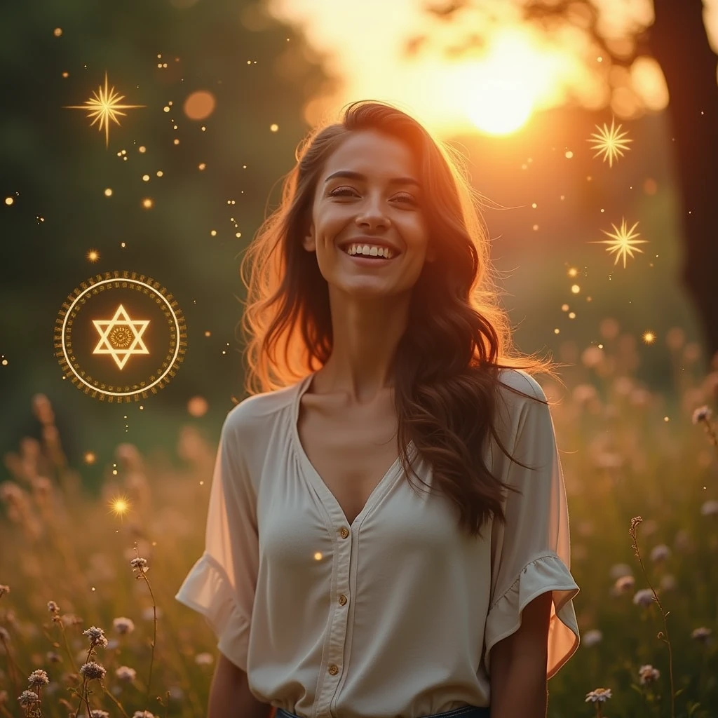 main image: a woman smiling, in a natural environment at sunrise or sunset, transmitting serenity and confidence.
Additional Elements:
Discreet Star of David in the lower corner, symbolizing kabbalistic numerology.
Graphic elements of golden lights radiating around the woman, suggesting enlightenment and new beginnings.
A small numerological chart or diagram next to the main image, to suggest map content.
This image should be engaging and catch the eye right away., leading the person to read the message with interest and motivation.