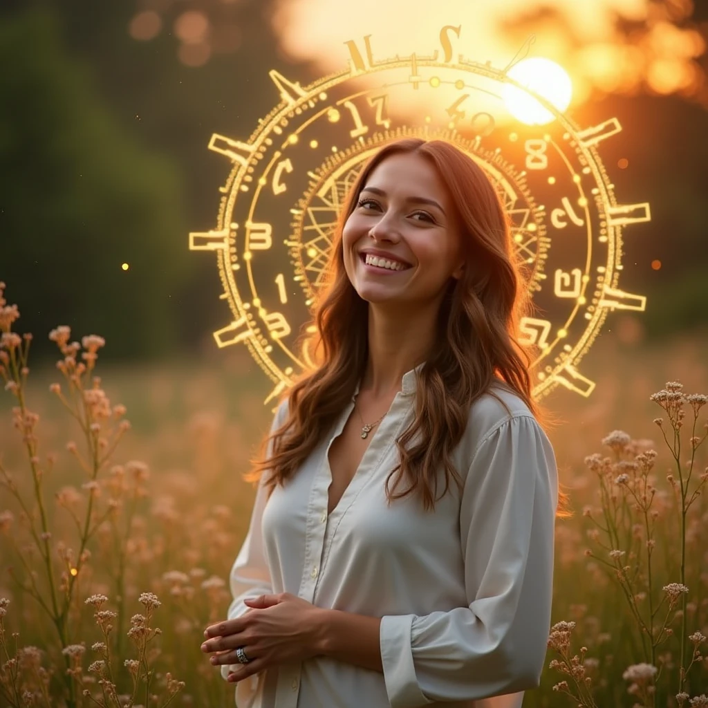 main image: a woman smiling, in a natural environment at sunrise or sunset, transmitting serenity and confidence.

Additional Elements:

Discreet Star of David in the lower corner, symbolizing kabbalistic numerology.
Graphic elements of golden lights radiating around the woman, suggesting enlightenment and new beginnings.
A small numerological chart or diagram next to the main image, to suggest map content.
This image should be engaging and catch the eye right away., leading the person to read the message with interest and motivation.
