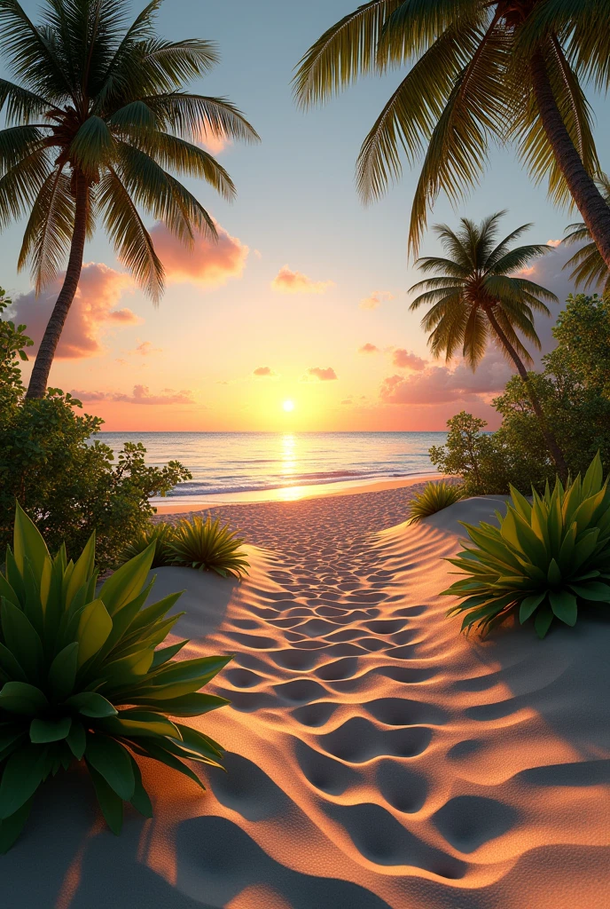 Draw the beach of the dunes of Chuburná port of Yucatán, as realistic as possible to how it looks in reality, looking towards the sunset 