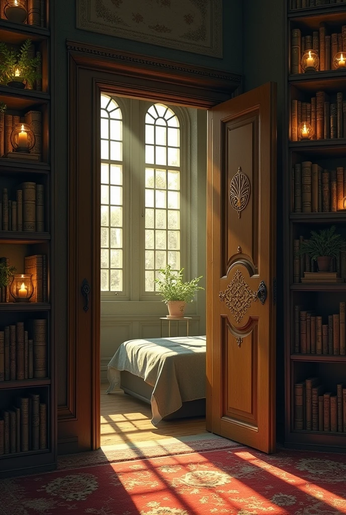 The doors, wood and engraved with designs I did not understand, looked extremely heavy. They stood ajar. Morette did not bother to knock, her shoulders flexing as she pushed them open.
Evening light poured into the wide room from a row of arched windows. Ceiling-to-floor shelves filled with candles, plants—alive or dried—and books covered all four walls, save in front of the windows. A partition, painted with the yew tree insignia, kept me from seeing much of the bed.