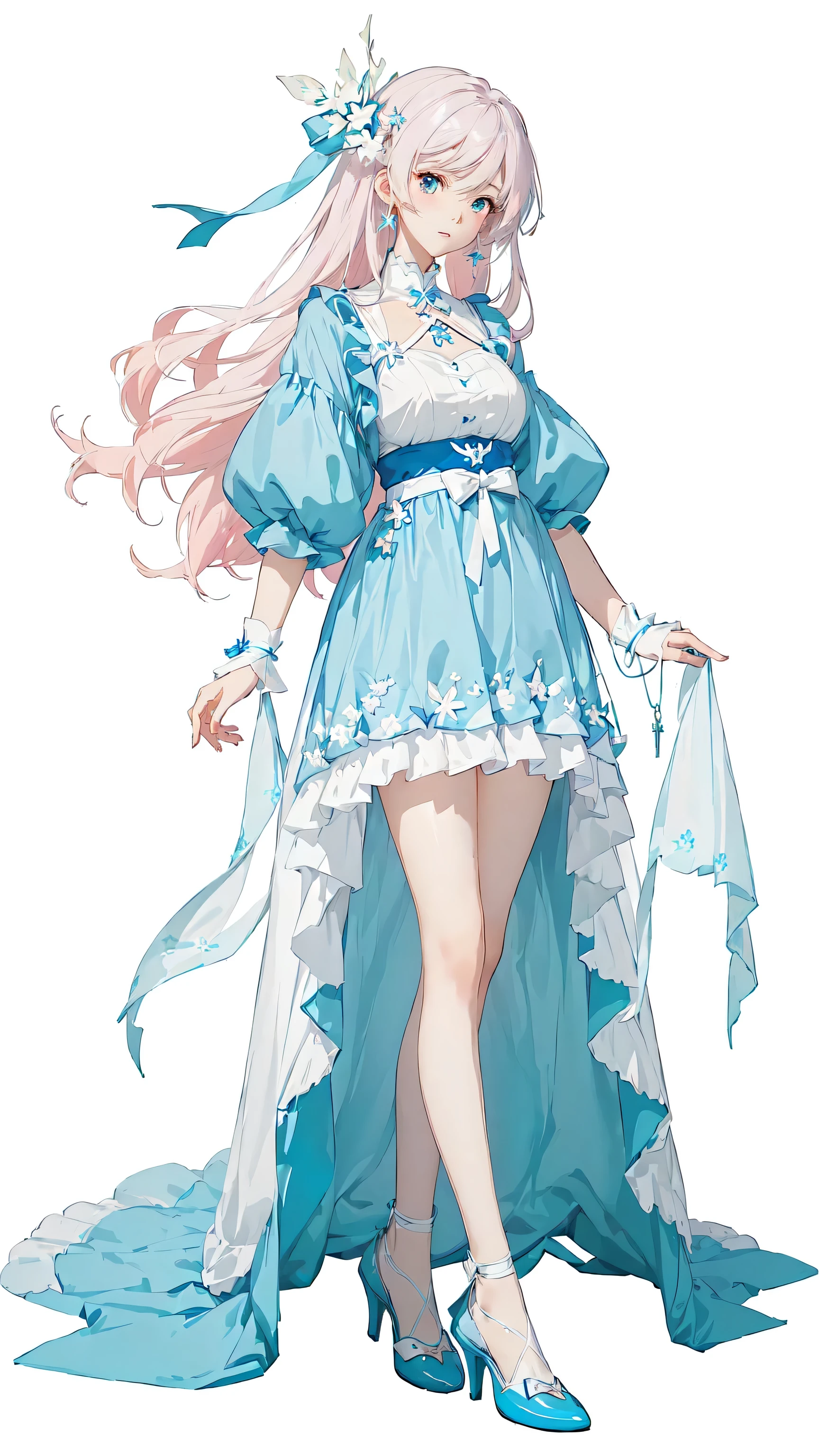 Anime girl in a blue dress and a white dress and blue shoes, Popular on artstation pixiv, guweiz on pixiv artstation, Cute anime girl in a beautiful skirt, Kushat Krenz Key Art Women, guweiz on artstation pixiv, Digital Art on Pixiv, April Rendering, Anime full body illustration