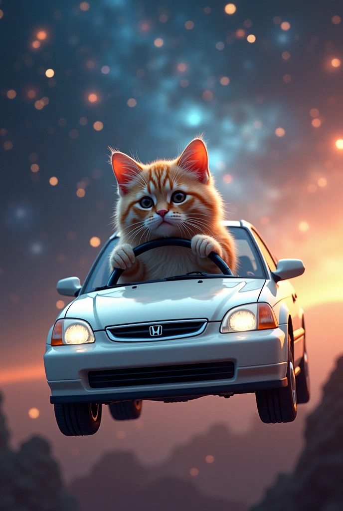 A cat driving a honda civic 1999 color white in the space with flow