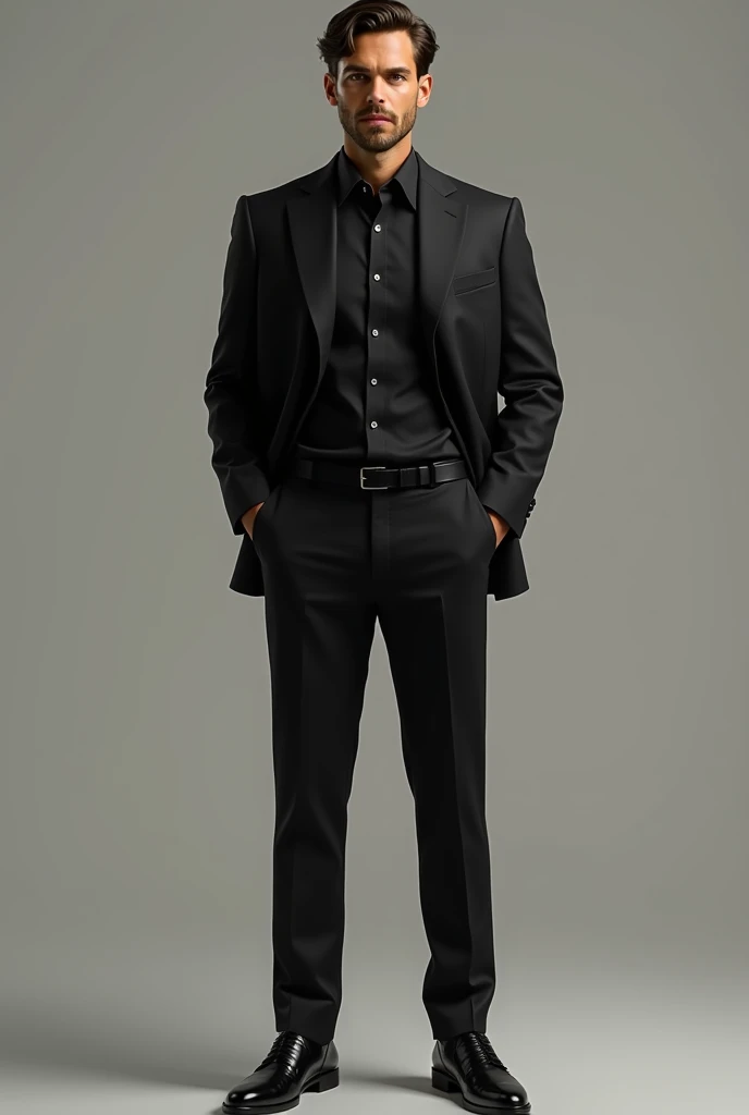 So make me a picture where a man with caramel skin tone wearing formal black shoes, formal black pants and black shirt tucked into pants