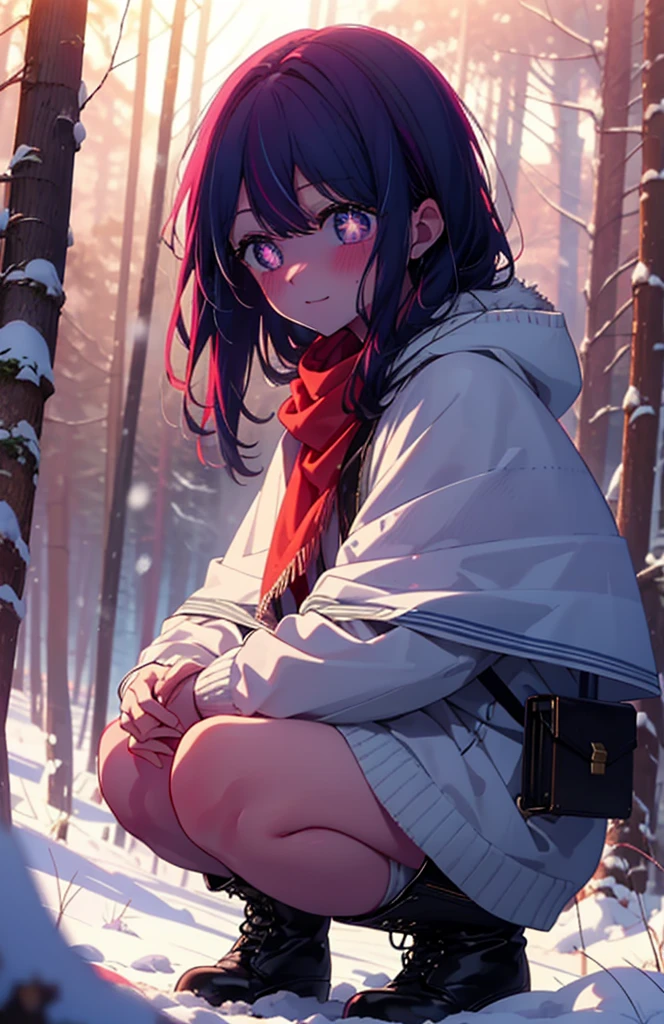 aihoshino, Ai Hoshino, Long Hair, bangs, (Purple eyes:1.1), Purple Hair, (Symbol-shaped pupil:1.5), smile,,smile,blush,white breath,
Open your mouth,snow,Ground bonfire, Outdoor, boots, snowing, From the side, wood, suitcase, Cape, Blurred, , forest, White handbag, nature, Squat, Mouth closed, Cape, winter, Written boundary depth, Black shoes, red Cape break looking at viewer, Upper Body, whole body, break Outdoor, forest, nature, break (masterpiece:1.2), Highest quality, High resolution, unity 8k wallpaper, (shape:0.8), (Beautiful and beautiful eyes:1.6), Highly detailed face, Perfect lighting, Extremely detailed CG, (Perfect hands, Perfect Anatomy),
