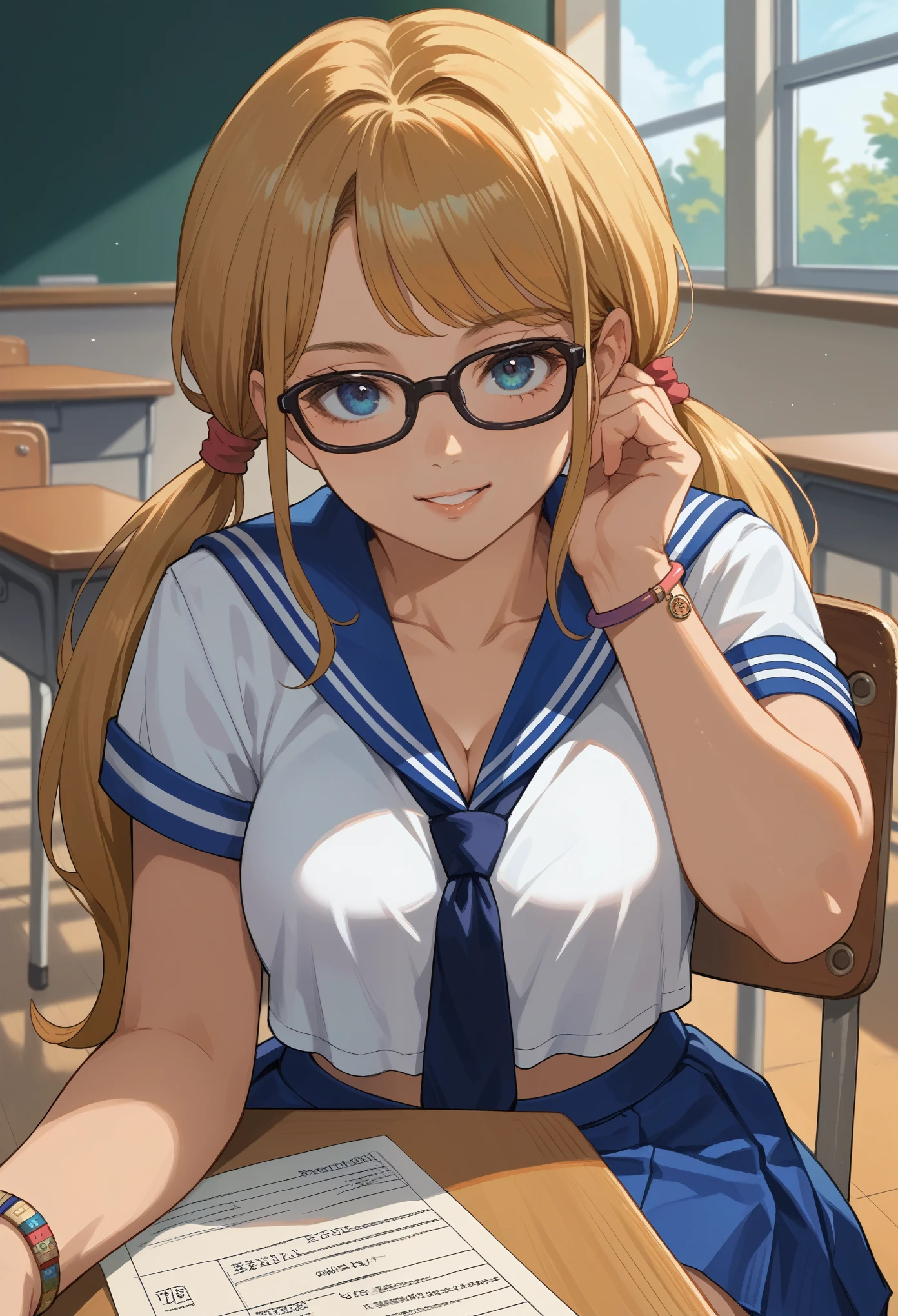 score_9, score_8_up, score_7_up, score_6_up, source_anime BREAK, RMikaSchool, low twintails, glasses, serafuku, blue tie, navel, blue skirt, blue thighhighs, multiple bracelets, breasts, tented shirt, seductive smile, classroom, sitting, chair, desk, leaning, head rest, looking at viewer, parted lips, close-up,