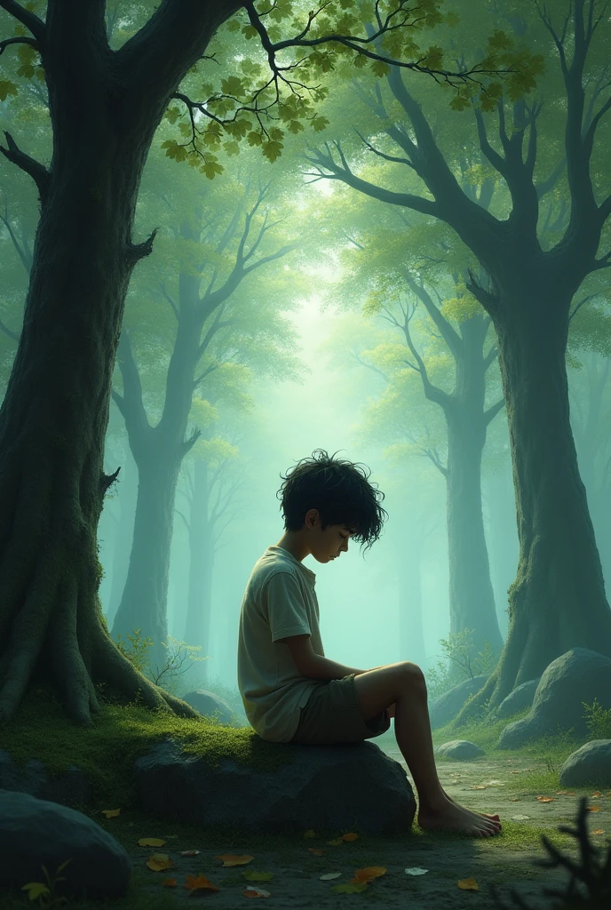 An  sad  boy sit alone in a forest on a stone