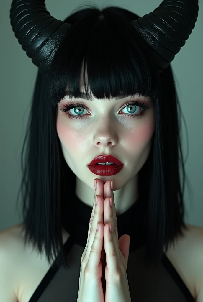 Woman with straight black hair, Natural blue eyes and pale skin, lips were open and painted wine red, her hair with medium black horns, hands making a gesture of silence, cyberpunk 
