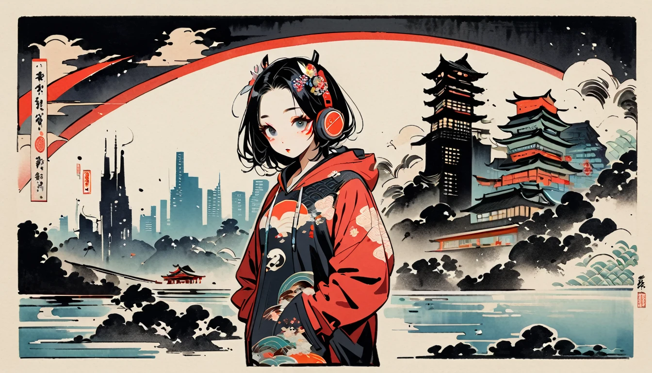 (((Ink Painting))), (((cyber city))), (((1 girl))), (((whole body))), (((Very flashy hair accessories))), (((Very flashy makeup))), Japanese style headphones, Japanese pattern hoodie, Put on the hood, Put your hands in your pockets, Japan人の美女, Black Hair, Delicate and precise, Modern ukiyo-e style,Japan, Droopy eyes, round face