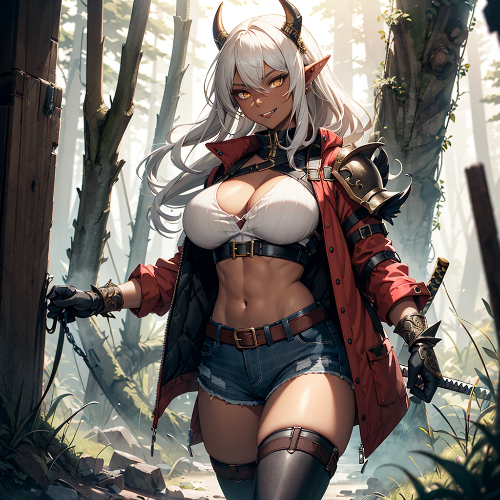 ((best quality)), ((masterpiece)), (detailed), 1 women elf-draconical heavy warrior, 8k_wallpaper, extremely detailed eyes, (large masterpiece digital art), (intricate details:1.3 ), (ultra-detailed:1.3), (sharp focus:1.3), (natural lighting:1.05), (vivid colors:1.3), (best quality:1.4), high quality, expressive eyes, full body, detailed face, beautiful face, perfect face, ((hair sandy white curls)), ((dragon dark horns)), (gold eyes), {{dark skin}}, ({dark skinned female}), big breasts, huge chest, powerful relief muscles of the abdomen and legs, powerful strong muscles of the arms, abdominal piercings, cruel predatory and cold-blooded arrogant look, a predatory smile with many fangs, wearing an open red coat with rolled up sleeves, a translucent red crop top, denim mini shorts, a wide yellow belt with chains, steel gloves, steel shoulder pads, heavy red metal steel armor, a hiking backpack and a katana, walking along the old pier of a ruined village, against the backdrop of forests and mountains, dark fantasy style,