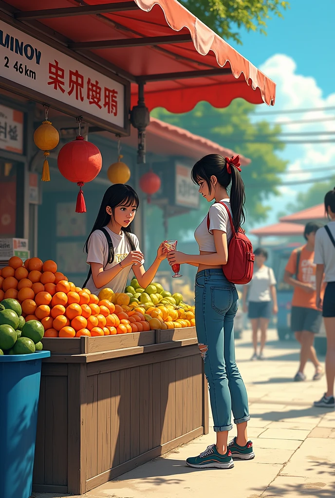 A tall white girl with thick lips, black hair with red tied up at a roadside fruit stand with more fruit stands, short bag and torn pants and sports shoes, fruit set on the sign says Wendy and below it says kilometers 26 and she is serving a customer