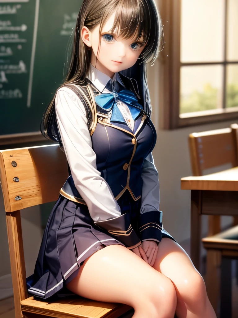 masterpiece, best quality, super detailed, illustration, colorful, falt color, depth of field, lens flare, 1girl, anime, sitting, brunette, looking at viewer, school, classroom, pleated miniskirt, school uniform, serafuku, black Pantyhose, detailed skin texture, detailed cloth texture, beautiful and detailed face,