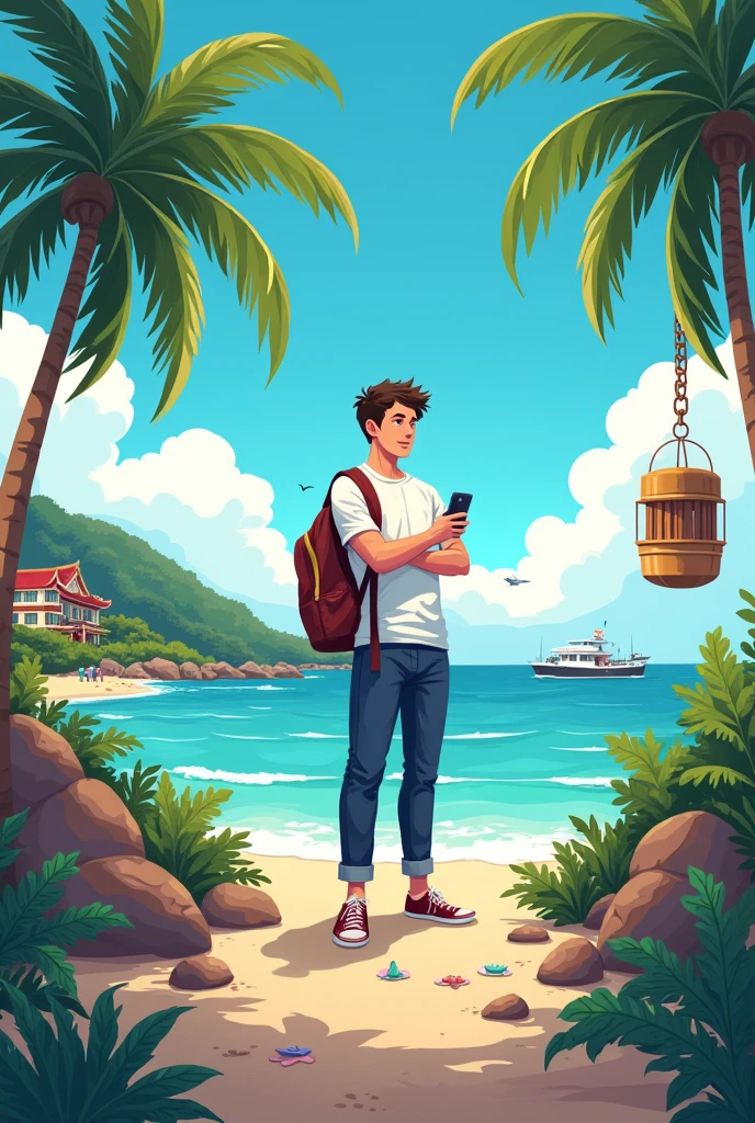Create an illustration for an Instagram account of a company employee who aims for freedom。Winning a full-time remote job and moving to Okinawa、Aim for financial freedom by building assets right from graduation、Speed up asset formation with a side job in free time created by work style reform。I am a man.