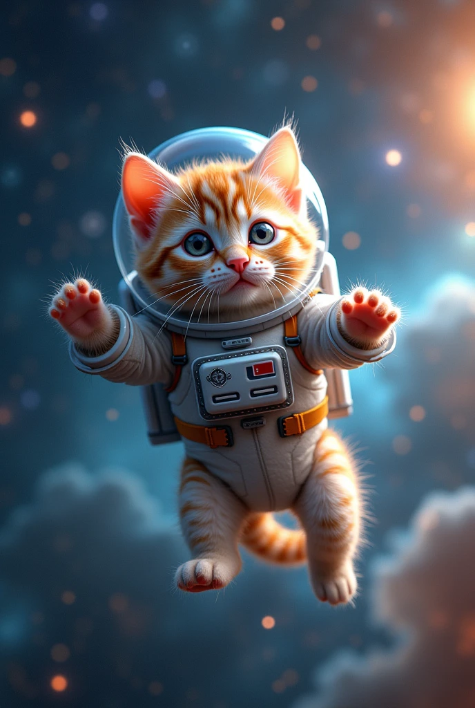 A galaxy background with a flying astronaut kitten