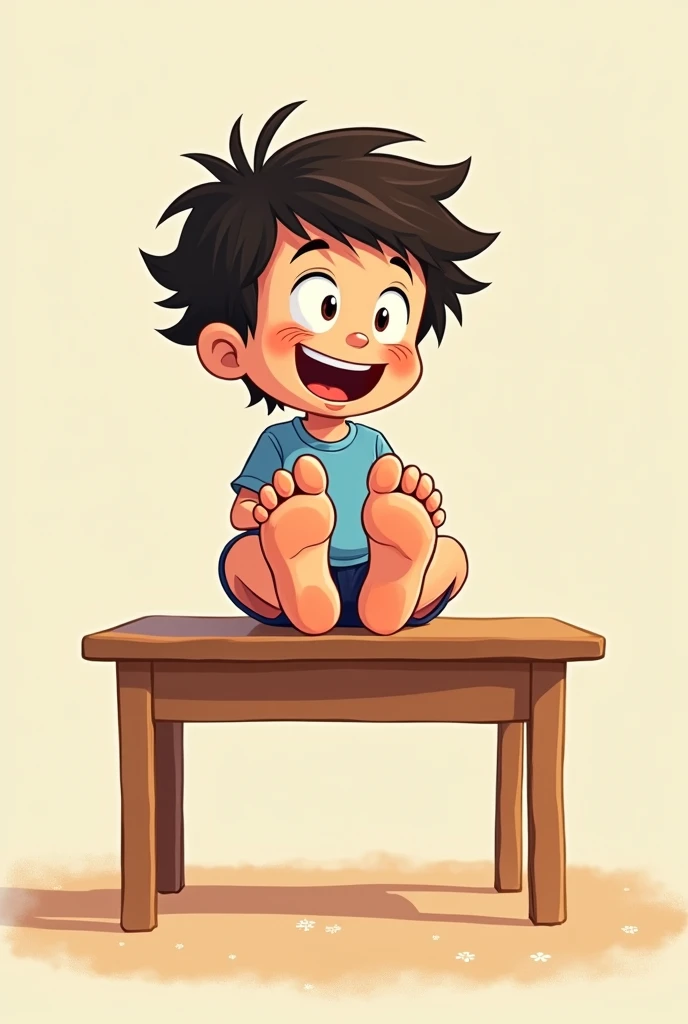 2D anime style, happy nerd barefoot boy school 7 years old sitting on empty table lifting feet, wrinkled soles,