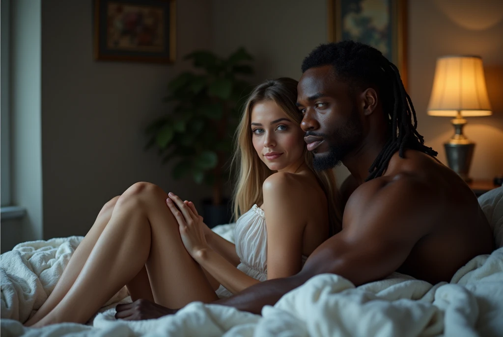 (Photorealsitic:1.4), (​masterpiece:1.3), (top-quality:1.4), ultrarealistic 
sexy well proportioned, full body of 
((innocent and (sexy) little 28 years woman) and 
(tall (muscular) black man )), 
man lycra black thong exposed , powerful jaw, dreadlocks, detailed medium dreadlocks, dominant, big muscular arms, wide chest, narrow waist, strong legs, clean face,
she bright expression, extremely beautyful, amazing beautyful, Extraordinary beautiful, Detailed cute and beautiful face, beautiful big blue eyes,freckles,  short ponytail blonde hair, perky small nose, Beautiful bangs, Glowing white shiny skin, Bangs that extend to the face, tight body, tonned abs,
(cozy night bedroom), 
alternative vibe,vibrant lighting, high contrast,dramatic shadows,highly detailed,detailed skin,depth of field,dynamic angle,glimmer lighting, film grain, 
woman (white plane gauze gown, pink undies) 
man lycra thong, 
man lying lateral over bed, she in front of him in prone  position, man spooning woman position, he holding her lower back looking at her hips with desire, sexy bite lips , 5 toes, perfect feet, passionate pose, perspective