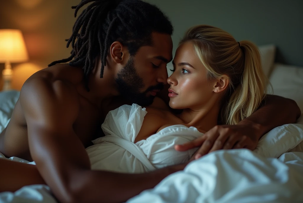 (Photorealsitic:1.4), (masterpiece:1.3), (top-quality:1.4), ultrarealistic
sexy well proportioned, full body of
((innocent and (sexy) little 28 years woman) and
(tall (muscular) black man )),
man lycra black briefs, powerful jaw, dreadlocks, detailed medium dreadlocks, dominant, big muscular arms, wide chest, narrow waist, strong legs, clean face,
she bright expression, extremely beautyful, amazing beautyful, Extraordinary beautiful, Detailed cute and beautiful face, beautiful big blue eyes,freckles, short ponytail blonde hair, perky small nose, narrow jaw, Beautiful bangs, Glowing white shiny skin, Bangs that extend to the face, tight body, tonned abs,
(cozy night bedroom),
alternative vibe,vibrant lighting, high contrast,dramatic shadows,highly detailed,detailed skin,depth of field,dynamic angle,glimmer lighting, film grain,
woman (white plane gauze bra, pink undies)
man lycra thong,
woman lying over bed in prone position, man over her backp in push up position looking at her hips with desire, sexy bite lips , 5 toes, perfect feet, passionate pose, perspective, perfect body