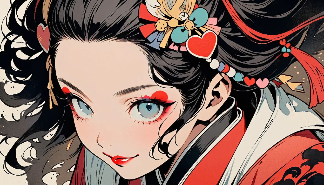 (((Ink Painting))), (((from above))), (((1 female))), (((Heart tattoo on face))), (((Very flashy hair accessories))), (((Very flashy makeup))), Japanese style headphones, devil, face close-up, front view, Japan人の美少女, Black Hair, Delicate and precise, Modern ukiyo-e style,Japan, Droopy eyes, round face, smile, Fuller lips, vivid color
