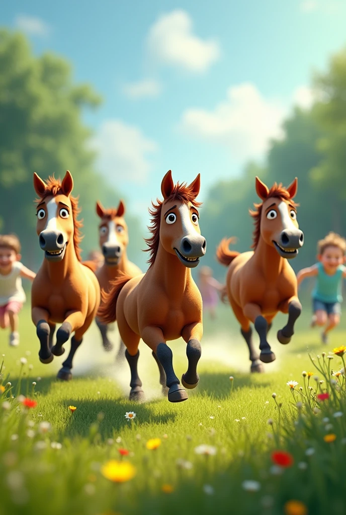 4 funny horses running on the meadow. 4 children with 4 happy emotions ,buồn, surprised, lovely. 3 children run in the same direction and 1 child runs back..