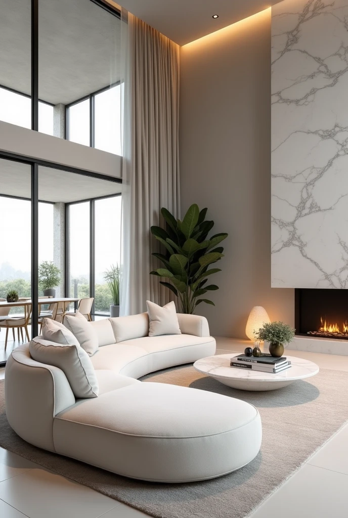 Professional 3d architecture rendering design of modern and minimal big curve white velvet sofa and white marble slab stone middle table and modern ceiling lighting and modern windows and beautiful curtains and white marble slab stone modern fireplace and modern green space and modern and elegant accessories