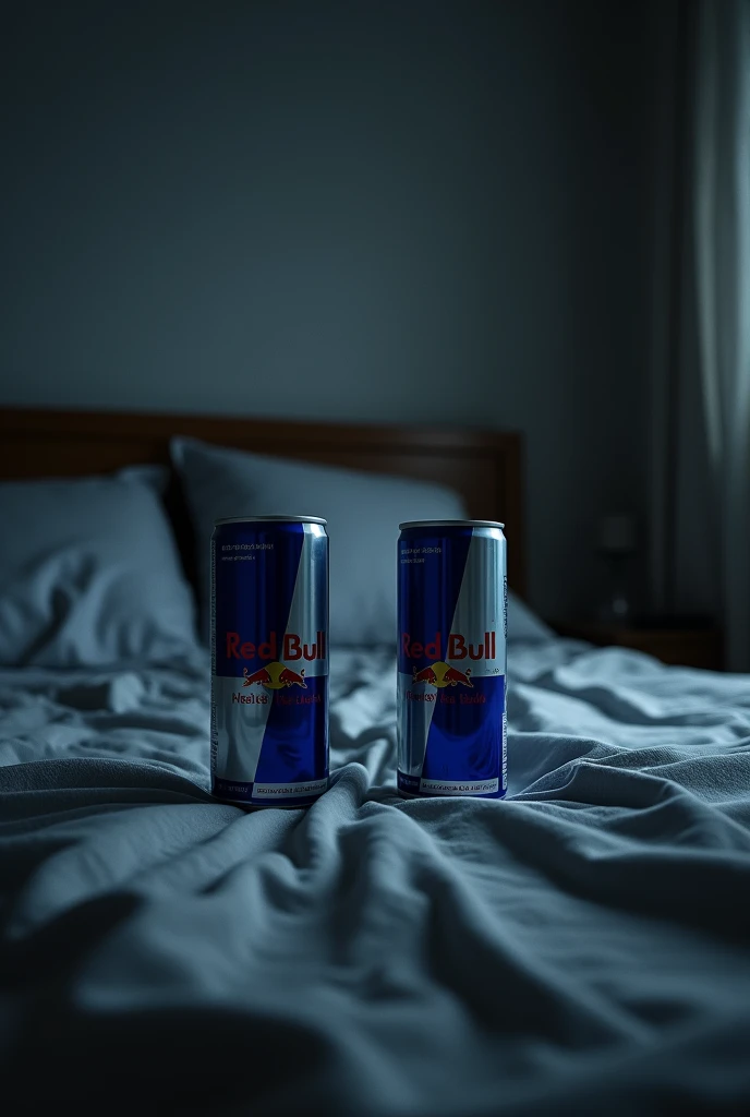 Depressing lights, un-done bed grey sheets, 3 red bull cans, clear letters "red bull" laying on the bed, dim lights, life-like vision