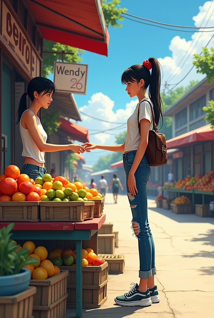 A tall white girl with thick lips, black hair with red tied up at a roadside fruit stand with more fruit stands, short bag and torn pants and sports shoes, fruit set on the sign says Wendy and below it says kilometers 26 and she is serving a customer 