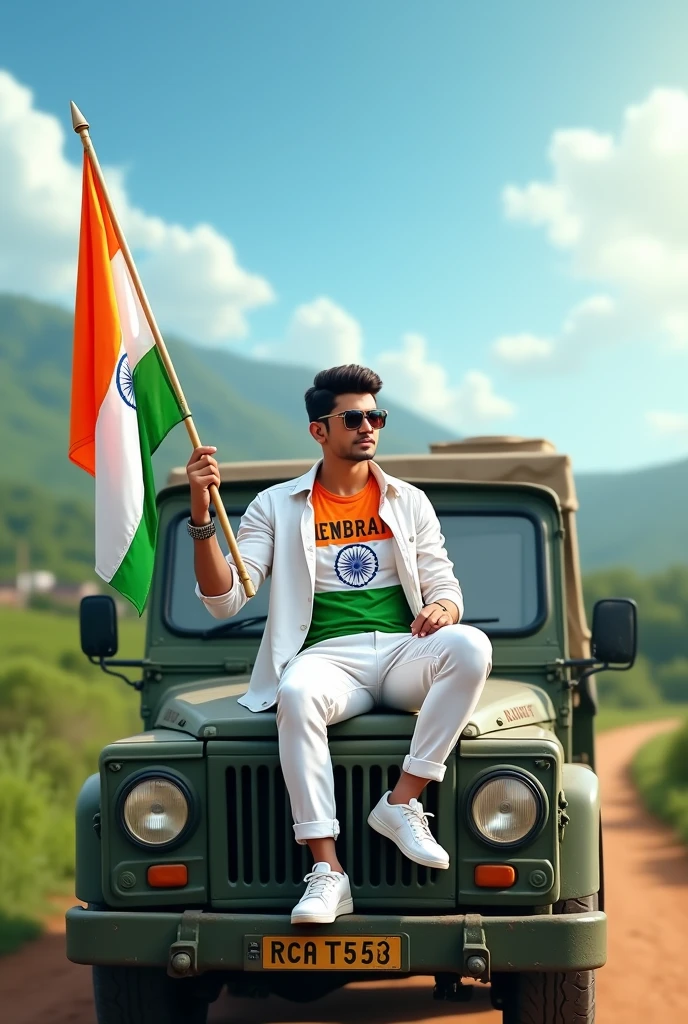Create an Real image featuring a young man
sitting on the hood of army truck, with Indian's scenic background. He's holding a flag celebrating Indian 15th August. The boy wears a tirnga T-shirt with 'HEMBRAM'15th August printed on it, white jacket, white pants, white shoes and sunglasses."