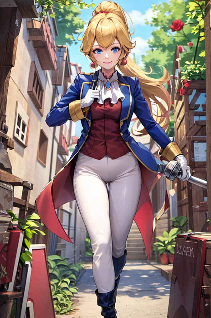 ((masterpiece,Highest quality)), Absurd, sword fighter_peach, alone, One girl, Have, Blonde, blue eyes, jewelry, Earrings, Long Hair, saber, Have feather, pants, Ascot, Red Rose, Have flower, ponytail, white pants, White gloves, boots, Blue jacket, Long sleeve, smile, View your viewers, Cowboy Shot, Structure of the film,Shaved pussy,pussy