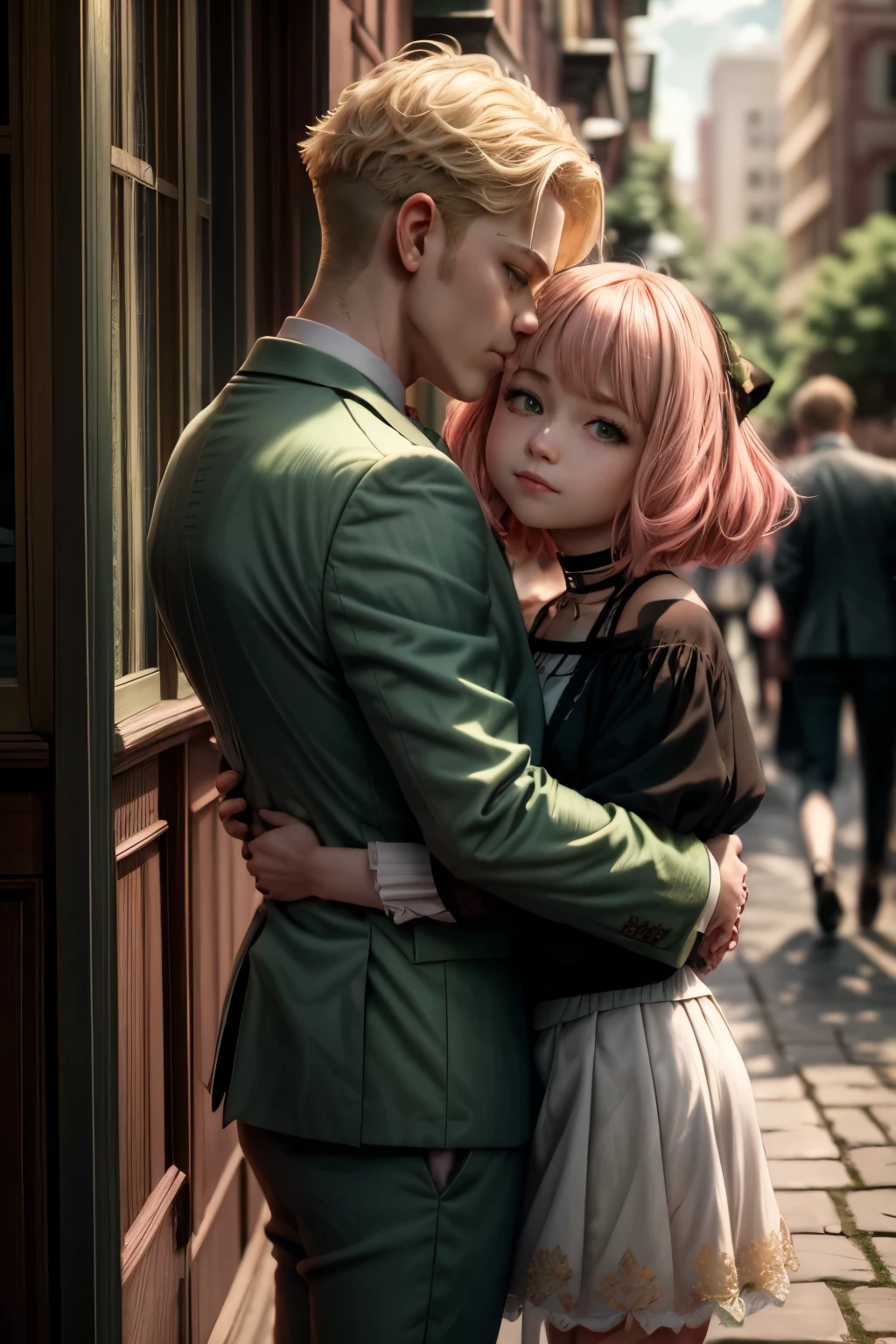 (masterpiece, best quality:1.2), high resolution, intricate details, extremely detailed, realistic and sharp details, (full body), hetero, couple, ((Anya Forger, anya_forger_spyxfamily, anime_style, pink hair, short bob hair, hairpods, green eyes, choker, white blouse, pink skirt, 10 yo female child)), ((1boy, Loid Forger, blonde hair, wearing light green business suit)), ((couple hugging each other and kissing)), detailed face, detailed eyes, pale skin, photo background, outdoors, 