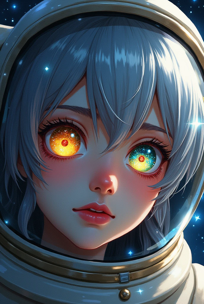 (Close-up of a better masterpiece:1.5)0.9], (Space and astronauts:1.2) (Messy silver hair:1.1) (Heterochromia xanthochromia and blue eyes:1.2) (Space Helmet:1.0) (Colored stars in the eyes:1.0) (A radiant glow:1.1) (thick lips:0.9)