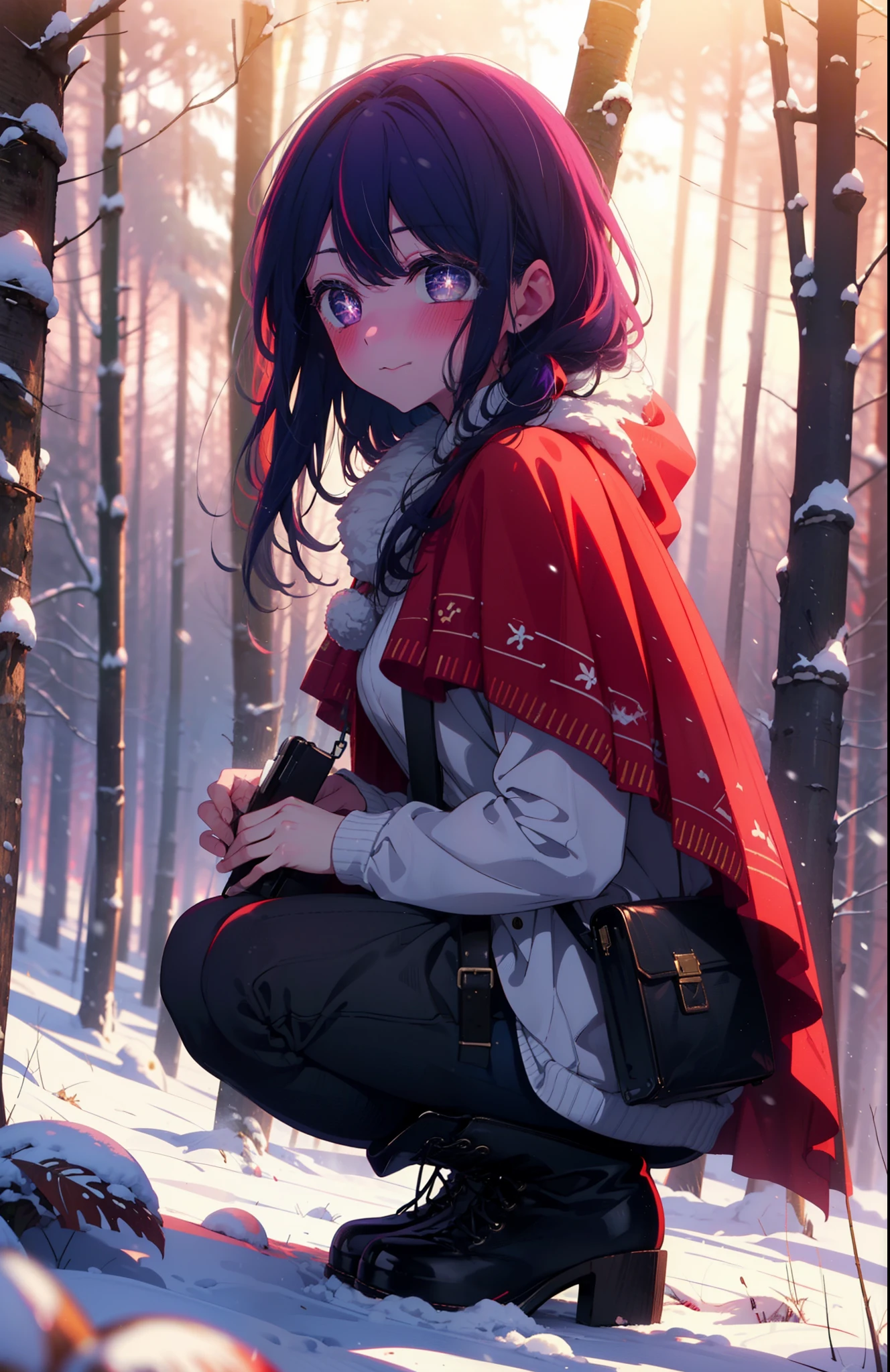 aihoshino, Ai Hoshino, Long Hair, bangs, (Purple eyes:1.1), Purple Hair, (Symbol-shaped pupil:1.5), smile,,smile,blush,white breath,
Open your mouth,snow,Ground bonfire, Outdoor, boots, snowing, From the side, wood, suitcase, Cape, Blurred, , forest, White handbag, nature, Squat, Mouth closed, Cape, winter, Written boundary depth, Black shoes, red Cape break looking at viewer, Upper Body, whole body, break Outdoor, forest, nature, break (masterpiece:1.2), Highest quality, High resolution, unity 8k wallpaper, (shape:0.8), (Beautiful and beautiful eyes:1.6), Highly detailed face, Perfect lighting, Extremely detailed CG, (Perfect hands, Perfect Anatomy),