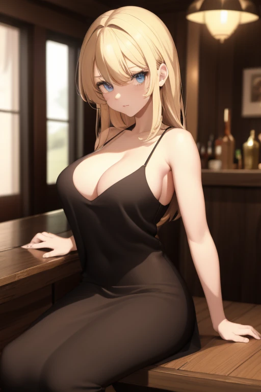 ((masterpiece)) (Super detailed girl) ((1chica)) long, blonde hair (pose sensual) sitting on a chair in a bar (scenario: bar) (short and super marked clothes , black dress, ) (super developed girl) (light blue eyes)