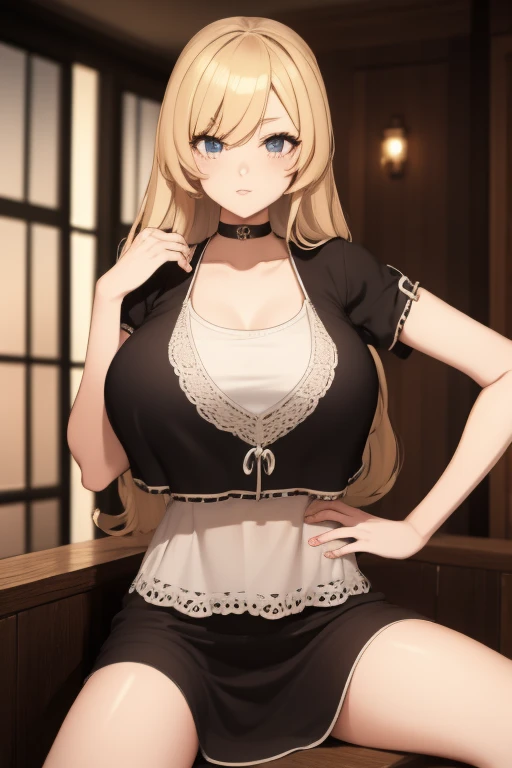 ((masterpiece)) (Super detailed girl) ((1chica)) long, blonde hair (pose sensual) sitting on a chair in a bar (scenario: bar) (short and super marked clothes , black dress, ) (super developed girl) (light blue eyes)