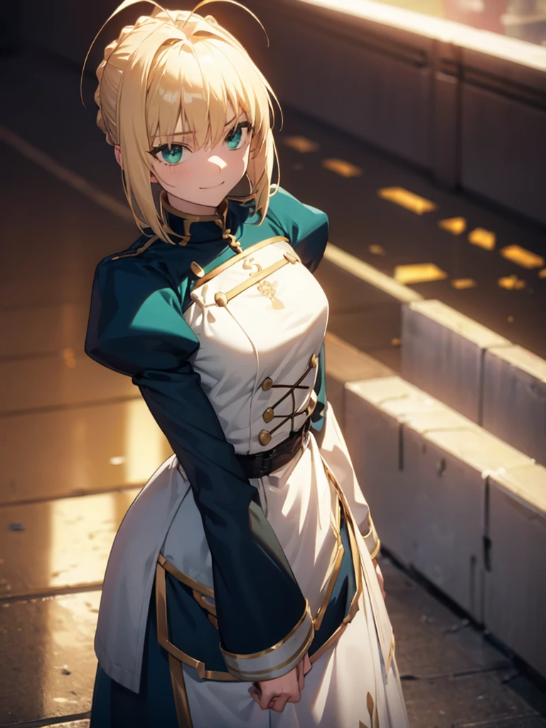 (masterpiece, top-quality, hight resolution, Unity 8k, extremely details CG:1,Best Picture), A woman talking to you on an empty night street. ((Woman with a resigned smile, projecting a sense of defeat)). Emphasises forced prostitution and the woman's resignation. artoria pendragon (fate), blonde hair, green eyes, ahoge, ao dai
